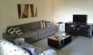a living room with a couch and a tv at Refúgio na Serra in Bananeiras
