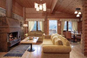 a living room with a couch and a fireplace at Xenios Chalet in Áno Khóra