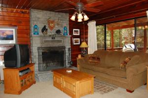 a living room with a couch and a fireplace at 35 Cubbys Den in Wawona