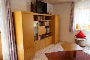 a living room with a tv and a book shelf at Ferienappartement Möbius in Aulendorf