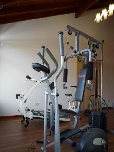 a gym with several tread machines in a room at Aparts Piscu Yaco Almendros in Merlo
