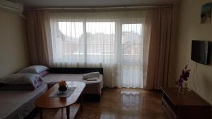 a living room with a couch and a coffee table at Tashevi Apartments in Pomorie