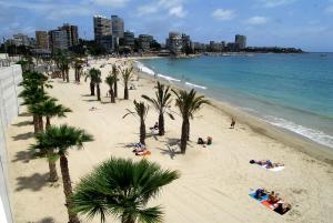 uma praia com palmeiras e pessoas deitadas na areia em 13 Rocafel 7 Playa Albufereta Alicante em Alicante