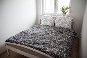 - un lit avec une couette en noir et blanc et une fenêtre dans l'établissement Apartament F&J, à Toruń