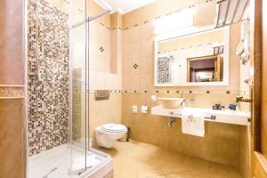 a bathroom with a shower and a toilet and a sink at Hotel Athos R.M.T. in Cluj-Napoca