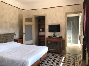 a bedroom with a bed and a tv on a wall at La Villa du Parc in Prades