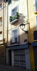 サラゴサにあるAZ El Balcón de Aguadores - parking gratuitoのバルコニー2つ、植物のある窓2つが備わる建物です。