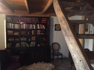 a room with a book shelf filled with books at Delirius Hospedagem in Itamonte