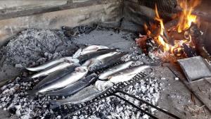a bunch of fish are cooking on a grill at Beach House Lana in Slatine