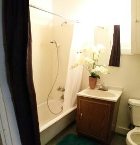 uma casa de banho com um chuveiro, um lavatório e um WC. em Lovely Smarthome King HDTV AC WIFI ❤ of Downtown em Klamath Falls
