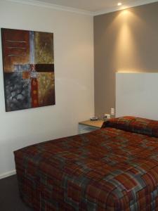 マクラーレン・ヴェイルにあるMcLaren Vale Motel & Apartmentsのベッドルーム1室(ベッド1台付)が備わります。壁には絵画が飾られています。