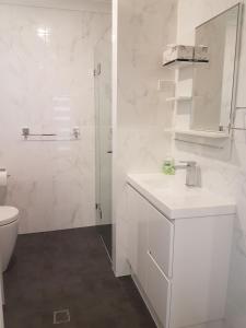 a bathroom with a toilet and a sink and a shower at Edwin Place Apartment in Glenwood