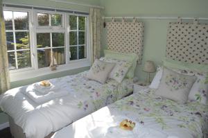 a bedroom with two beds and two windows at Bumble Bee Cottage in Hartland