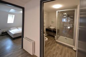 a bathroom with a shower and a bedroom with a bed at Gîte au château fleuri in Eguisheim