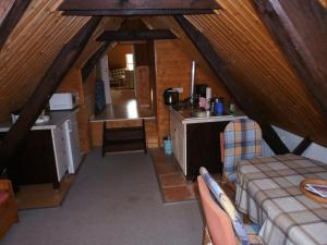 an attic room with a kitchen and a sink in a cabin at Büdnerei 51 in Dändorf