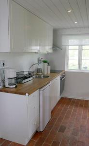 a kitchen with white cabinets and a counter top at STF Andrarum Kuskahusen Hostel in Andrarum-Brosarp