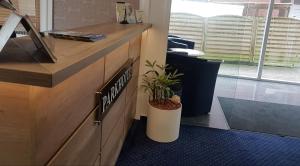 un cubicolo per ufficio con una pianta in vaso sul bancone di Park Hotel a Bad Zwischenahn