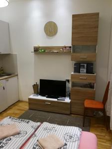 a living room with a flat screen tv on a cabinet at Imperia Apartments in Belgrade