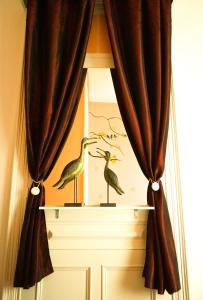 a window with curtains with a painting of a bird at Azores Dream Hostel in Ponta Delgada