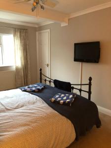 a bedroom with a bed and a flat screen tv at Wogan Cottage in Saundersfoot