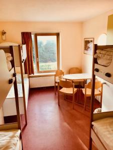 Zimmer mit einem Bett, einem Tisch und einem Fenster in der Unterkunft Ostel Jugendhotel Bremervörde in Bremervörde