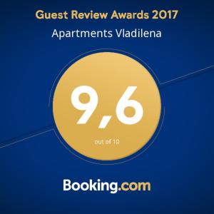 Certifikát, hodnocení, plakát nebo jiný dokument vystavený v ubytování Apartments Vladilena