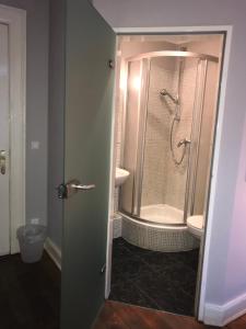 a bathroom with a shower and a toilet at St. Pauli Lodge Townhouse in Hamburg