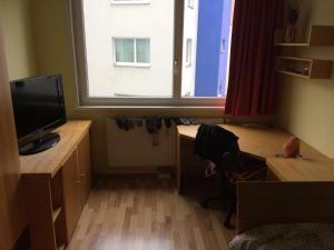 Zimmer mit einem Schreibtisch und einem Fenster mit einem TV. in der Unterkunft Private rooms IN WIEN in Wien