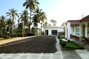 a driveway in front of a house with palm trees at Coffee Native - A Family Homestay in Mudigere