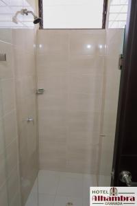 a bathroom with a shower with a glass door at Hotel Alhambra Torre B in Granada