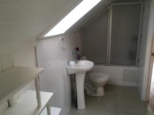 a white bathroom with a sink and a toilet at Casa Florecer in Contulmo