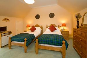 a bedroom with two beds and a tv at Knap Guest House in Tarbert