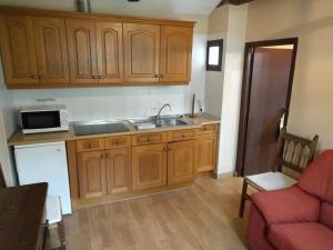 a kitchen with wooden cabinets and a sink and a microwave at Acogedor apartamento en el casco histórico in Toledo