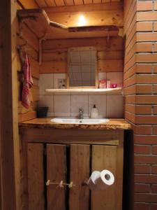 a bathroom with a sink and a mirror at Metsatu Valge Elevandi puhkemaja in Otepää
