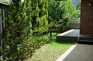 a garden with a bench next to a tree at The Track - beautiful townhouse in Bright in Bright