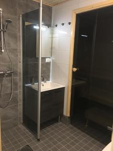 a bathroom with a sink and a shower at Arctic Resort Delight in Rovaniemi +51 photos