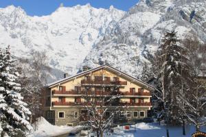 a building with snow covered mountains in the background at Hotel Croux in Courmayeur