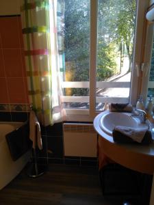ein Bad mit einem Waschbecken und einem Fenster in der Unterkunft Hôtel du Lac in Treignac