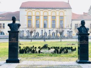 two statues of two men in front of a building at Apartment Dana in Banja Koviljača