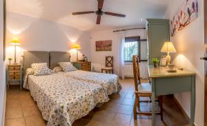 ein Schlafzimmer mit einem Bett, einem Schreibtisch und einem Tisch in der Unterkunft Vivienda Rural Olivar de San Telmo in Arcos de la Frontera + 67 Fotos