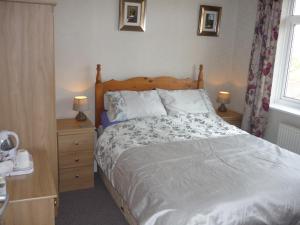 um quarto com uma cama e uma cómoda com 2 candeeiros em De La Warr Guest House em Bexhill