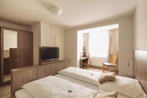 a bedroom with two beds and a flat screen tv at Landgasthof Zur scharfen Ecke in Hildesheim