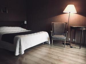 um quarto com uma cama, uma cadeira e um candeeiro em Auberge Du Roselet em Duingt