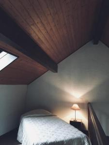 um quarto com uma cama e um tecto em madeira em Auberge Du Roselet em Duingt