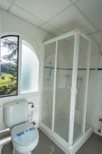 y baño con aseo blanco y ducha. en Hotel Rural Villa Onuba en Fuenteheridos