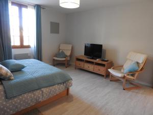 a bedroom with a bed and a tv and two chairs at Les Petits Cléments in Villars