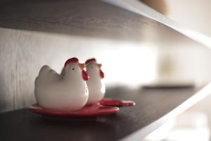 two rubber chickens on a red plate on a shelf at The Jasmine Terrace Retreat in Bologna