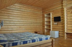 Private Villa 4 Seasons في بيرهوف: غرفة نوم كابينة خشب بها سرير وتلفزيون