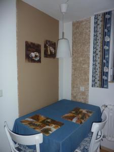 Deiningen的住宿－Ferienwohnung Saskia，一张带蓝桌布和两把椅子的餐桌