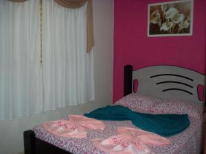 um quarto com uma cama com paredes cor-de-rosa em Casa Temporada Daniel- Olímpia SP em Olímpia mais 10 fotografias